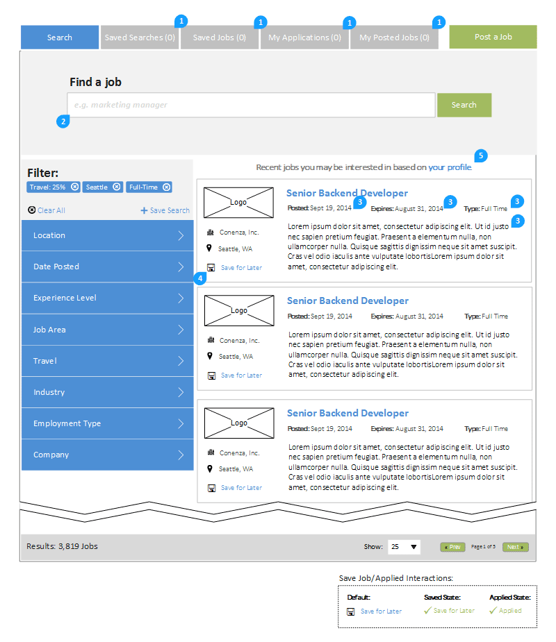 A wireframe mockup of Conenza's job module