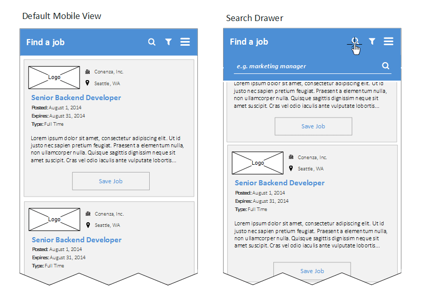 A wireframe mockup of Conenza's job module